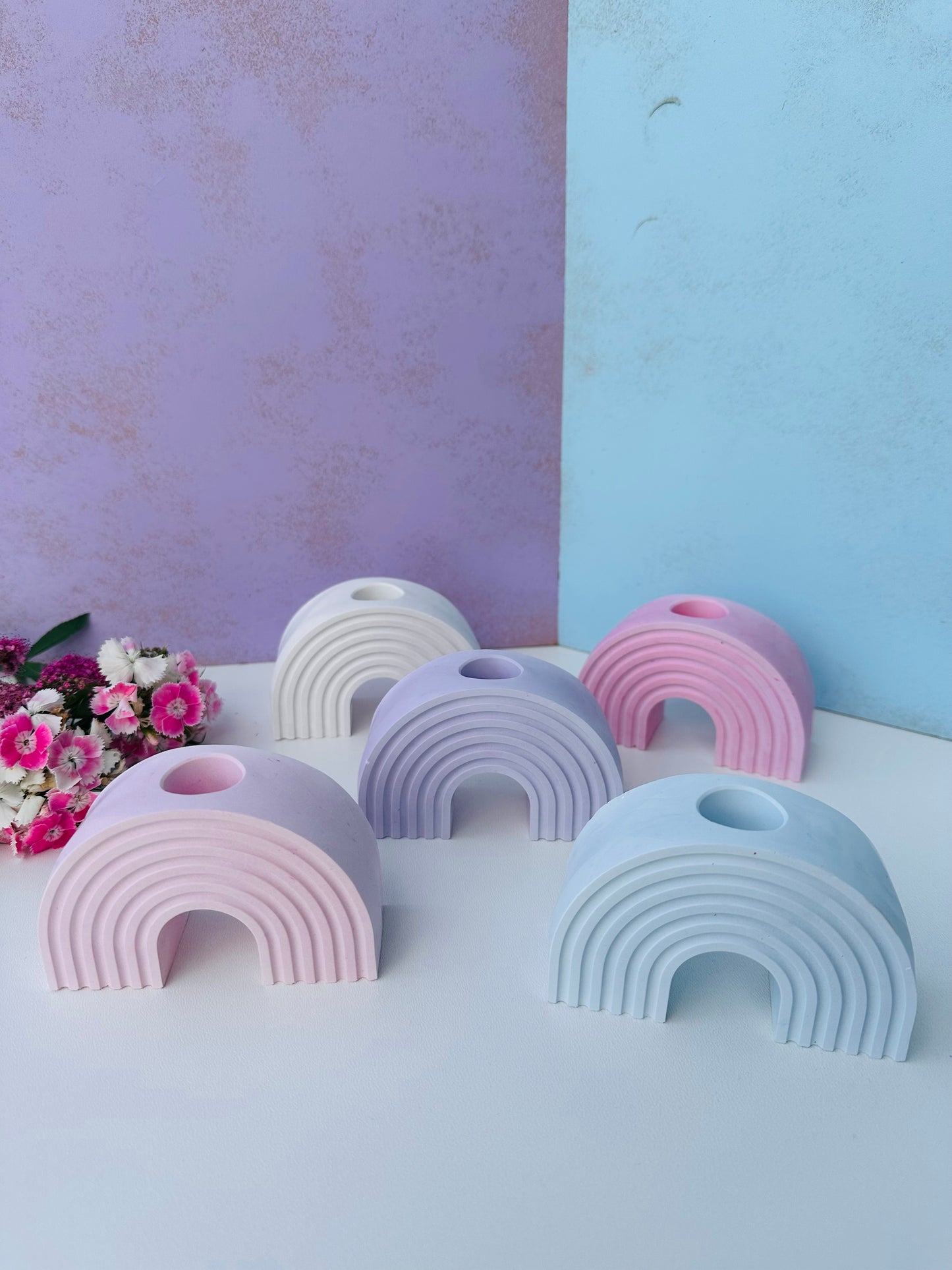 Kerzenhalter/ Kerzenständer Regenbogen rosa weiß flieder hellblau