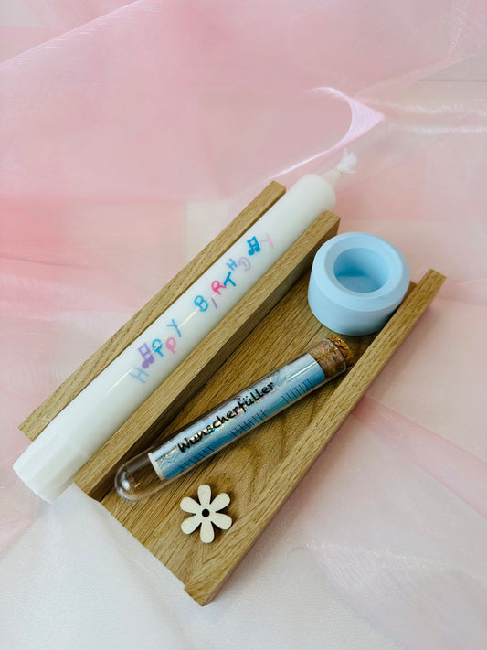 Kerzenset Happy Birthday Set zum Geburtstag Geldgeschenk selbst beschriftete Kerze mit handgegossenem Kerzenhalter, Reagenzglas zum Geldverschenken als fertiges Set / Geburtstagsgeschenk